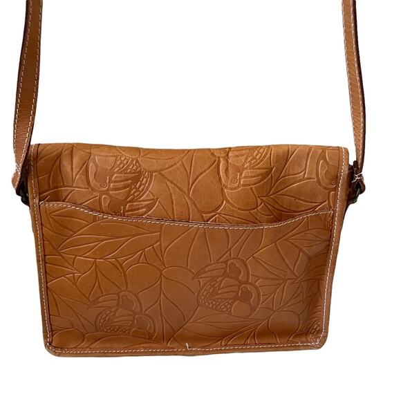 Vintage Debra Lynne Tooled Leather Bag Toucan Birds Leaves Tan Brown GUC - Picture 2 of 9